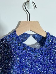Sherri Hill Beaded Fit and Flare Cocktail Dress Cap Sleeve Blue Prom Formal Glam