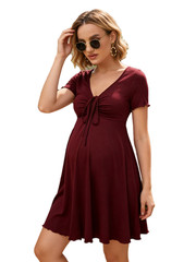 Maternity Dress Burgundy Short Sleeve V-Neck Ruched Pregnancy Gown