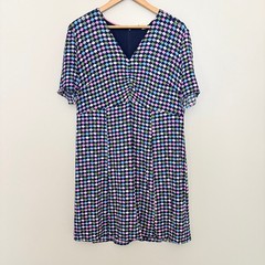 Boden Jemima Dress 14R Navy Blue Multicolor Scallop Print V-Neck Ruched