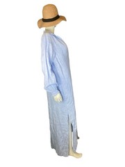 Jcrew Cabana Linen Maxi Blue Dress Size M Long Sleeves Side Slit & Pocket