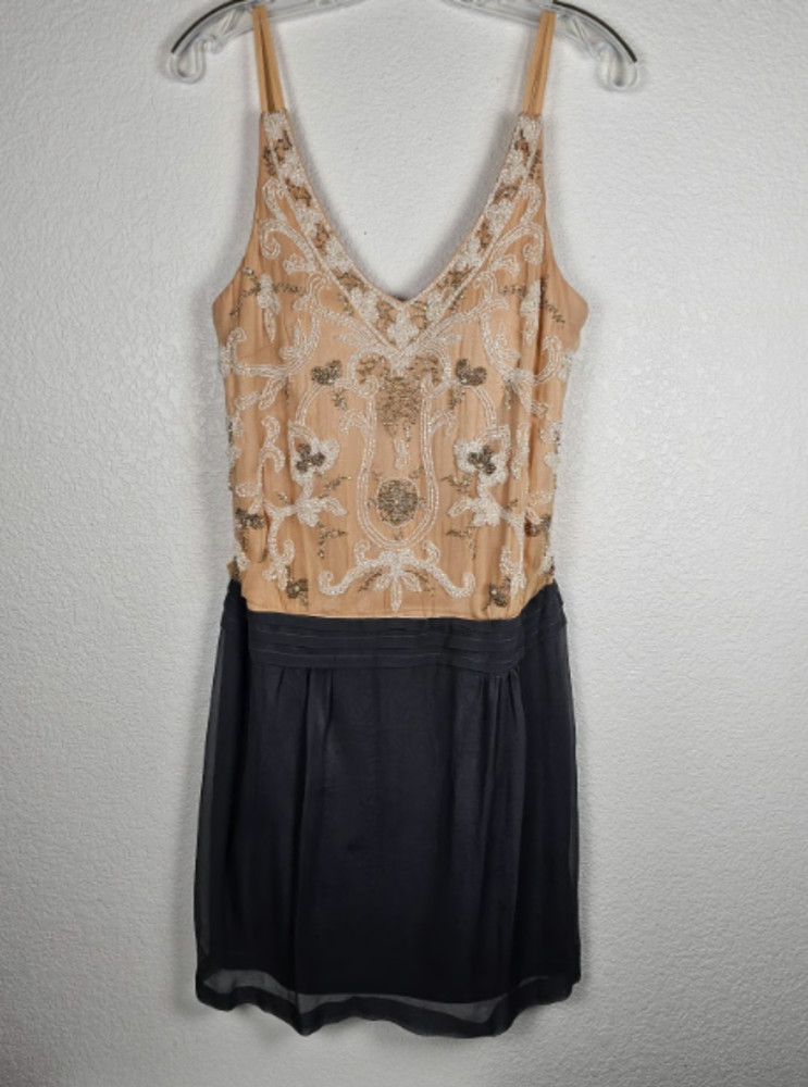Sue Wong Nocturne Beaded Nude & Grey Cocktail Dress Sz 12 / Wedding / Engagement