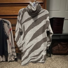 AUGUST SKY Gray Brown Zebra Print Knit Sweater Dress Turtleneck Size S