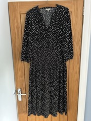 Albaray Polka Dot Midi Dress Size 14 Black White V Neck 3/4 Sleeves