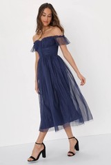 Lulus Size Large Regal Radiance Navy Blue Tulle Bustier Off Shoulder Midi Dress