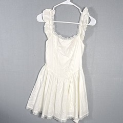 GLNEGE White Mini A-Line Dress Ruffle Lace Square Neck Pullover Women XS