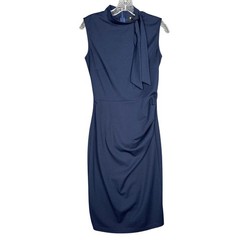 Miusol Womens Tie Neck Sheath Dress Size M Sophisticated Navy Blue Career Chic