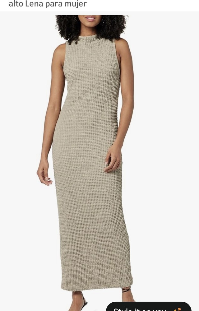 The Drop « Lena » Vintage Khaki High Neck Textured Midi Dress Womens Small