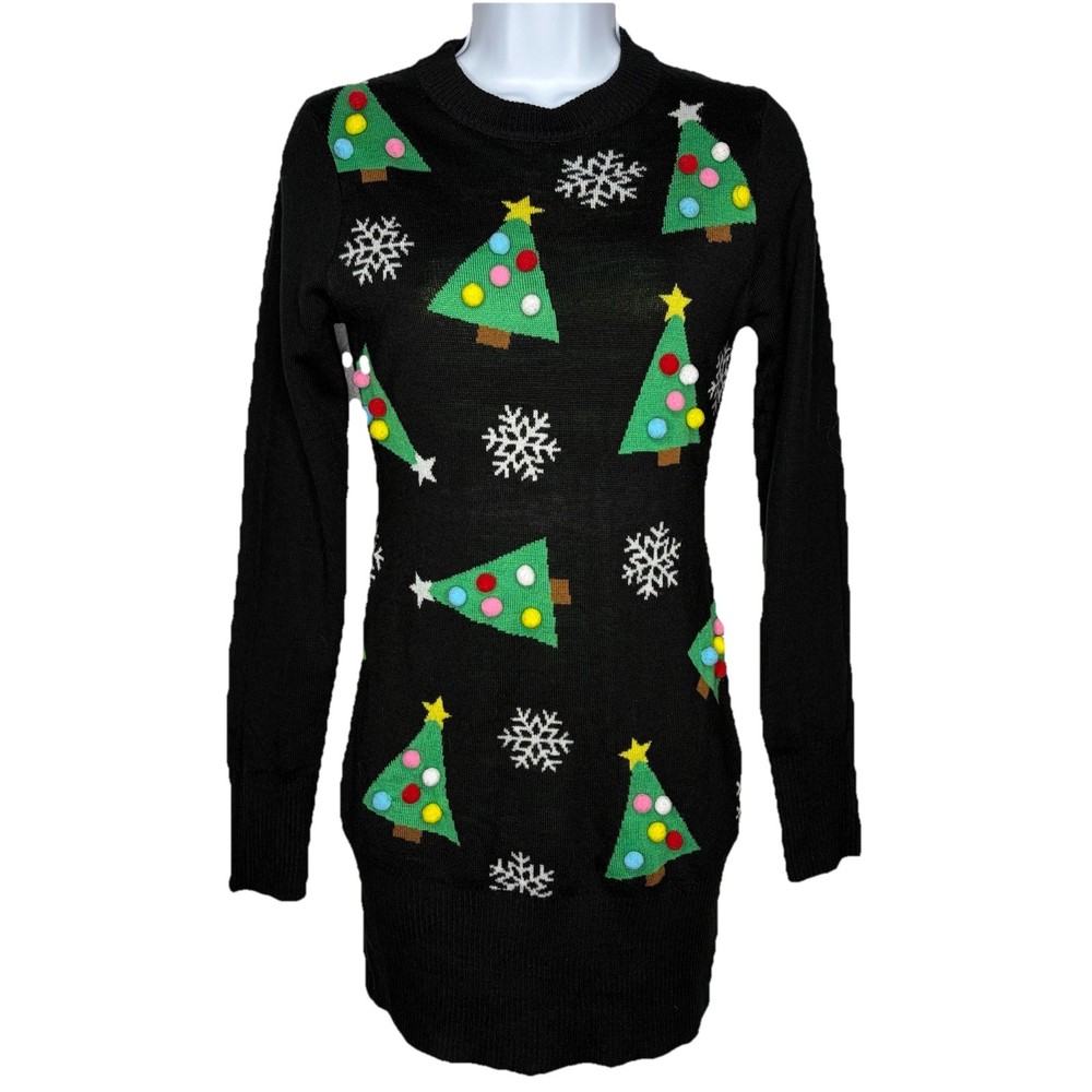 Tipsy Elves Ugly Sweater Mini Dress Size XS Pom Pom Christmas Tree Ornaments