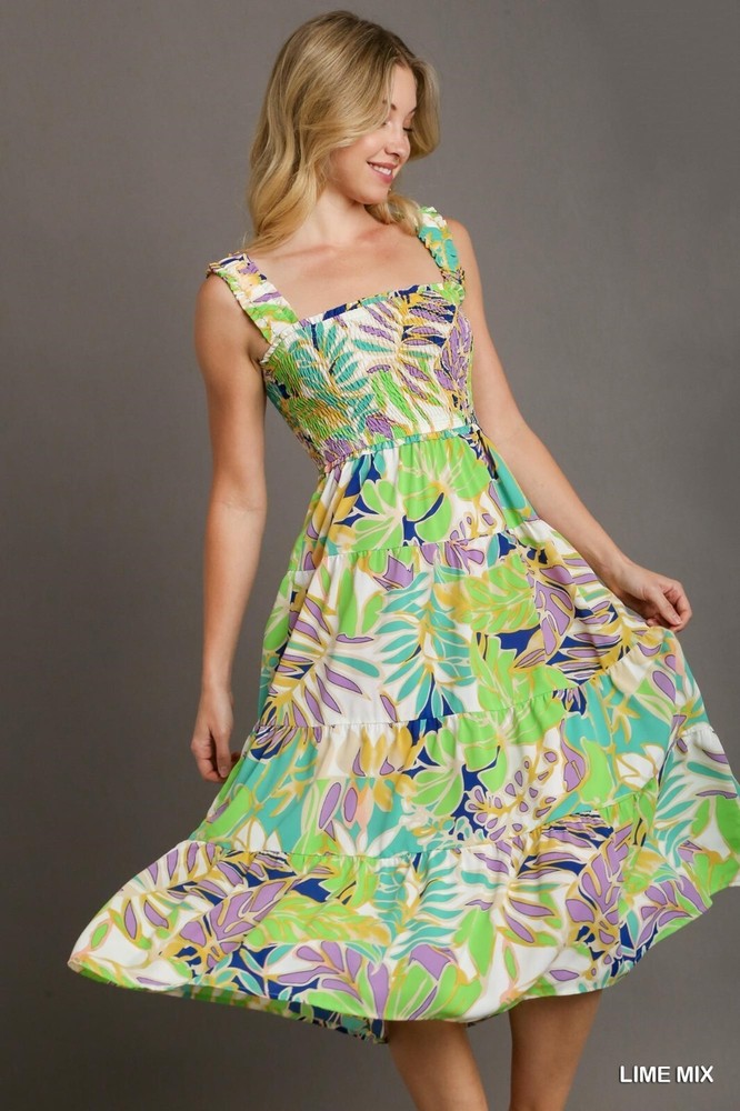 Umgee Multi Tropical Print Smocked Tiered A-Line Dress Elastic Strap Sleeves