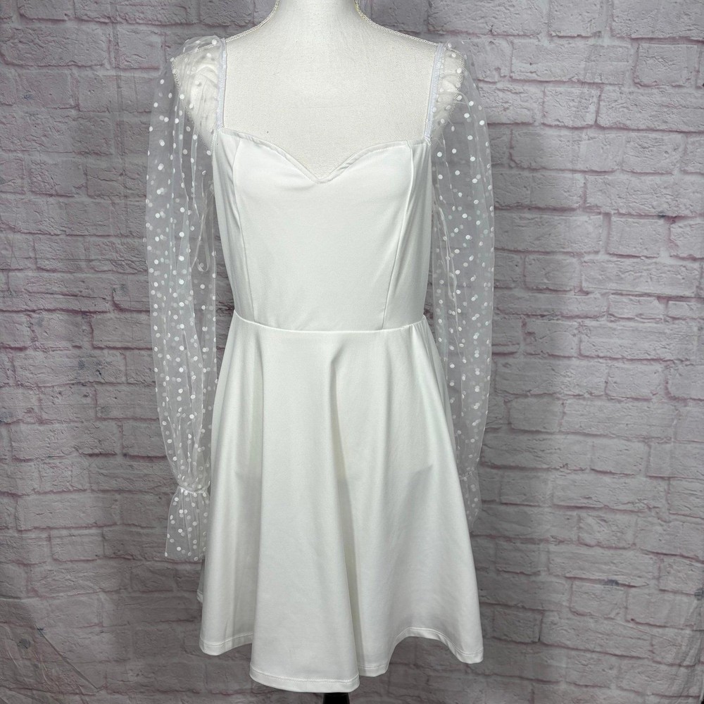 White Polka Dot Mesh Sleeve Fit & Flare Mini Dress Large