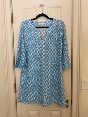 Jude Connally Megan shift dress aqua & white geometric size L EUC