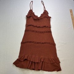 OLIVACEOUS Rust Mini Dress Size S Tiered Ruffle Smocked Spaghetti Straps #0112