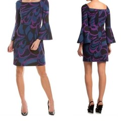 Trina Turk Miley Garden Print Bell Sleeve Dress Size 12 Women Blue Purple Black