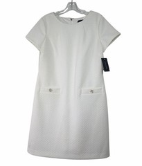 Tommy Hilfiger Shift Dress Women 12 White Textured Piqué Gold Button Old Money