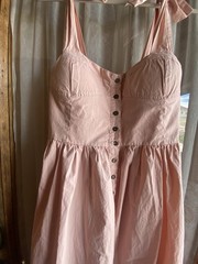 Beulah Style Pale Pink Dress Midi Buttoned Front Elastic Back Tied at Shoulders