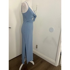 LYANER Light Blue Ribbed Tie Front Cutout Maxi Dress Small Side Slit Bodycon