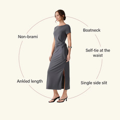 OGL Ponte Cooling Wrinkle-Resistant Side Waist Tie Midi Dress with Slit Taro Tea