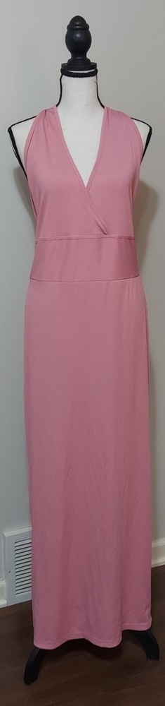Pink Un-Lined Ribbed Open Back Halter Tie Neck Maxi Dress 4X Unbranded