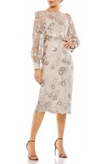 Mac Duggal Mocha Beige Embellished Illusion Long Sleeve Midi Dress Size 14 $338