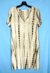 ARYEH Soft Stretch Knit GREEN/BROWN TIE DYE V-Neck POCKETS Swing T-SHIRT DRESS S