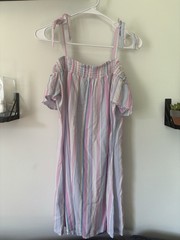 Candie&rsquo;s Size L Pink Blue White Striped Square Neck Smocked Rayon Shift Dress