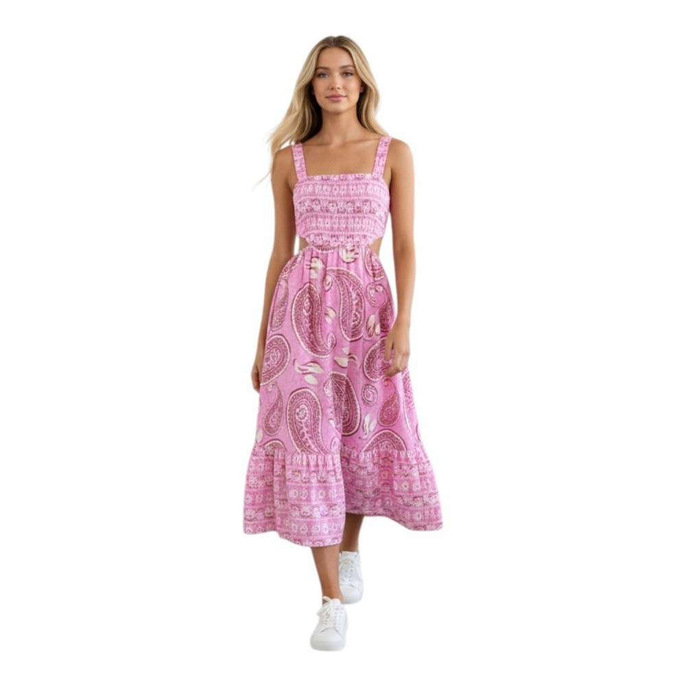SO Juniors Women&rsquo;s M Pink Beach Paisley Smocked Cutout Boho Tiered Midi Sundress