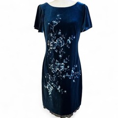 WHBM Navy and Turquoise Velvet Floral Embroidered Midi Dress
