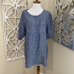 NEW ANDREA JOVINE small LAGENLOOK CHEST POCKETS 100% LINEN SHORT SLEEVE DRESS