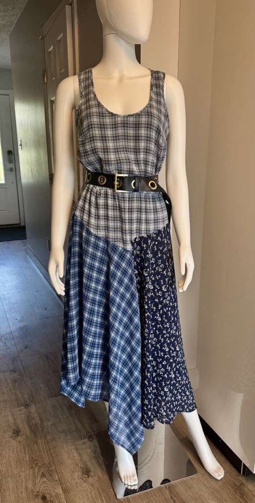 Michael Kors Blue White Plaid Sleeveless Scoop Neck A-Line Belted Midi Dress S