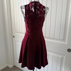 S – Burgundy Lace Fit and Flare – Sleeveless High Neck Dress
