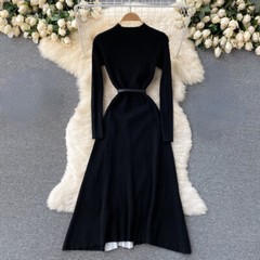 Lady Slim Knitted Midi Dress Pleated Black Long Sleeve Swing Gradient Casual