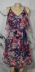 YA LOS ANGELES Navy Blue Red Beige Green Patterned Flutter Sleeve Dress Small