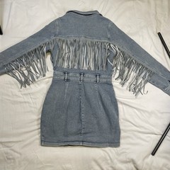 Women’s Western Fringe Denim Shirt Dress Medium Light Wash Button Front Boho