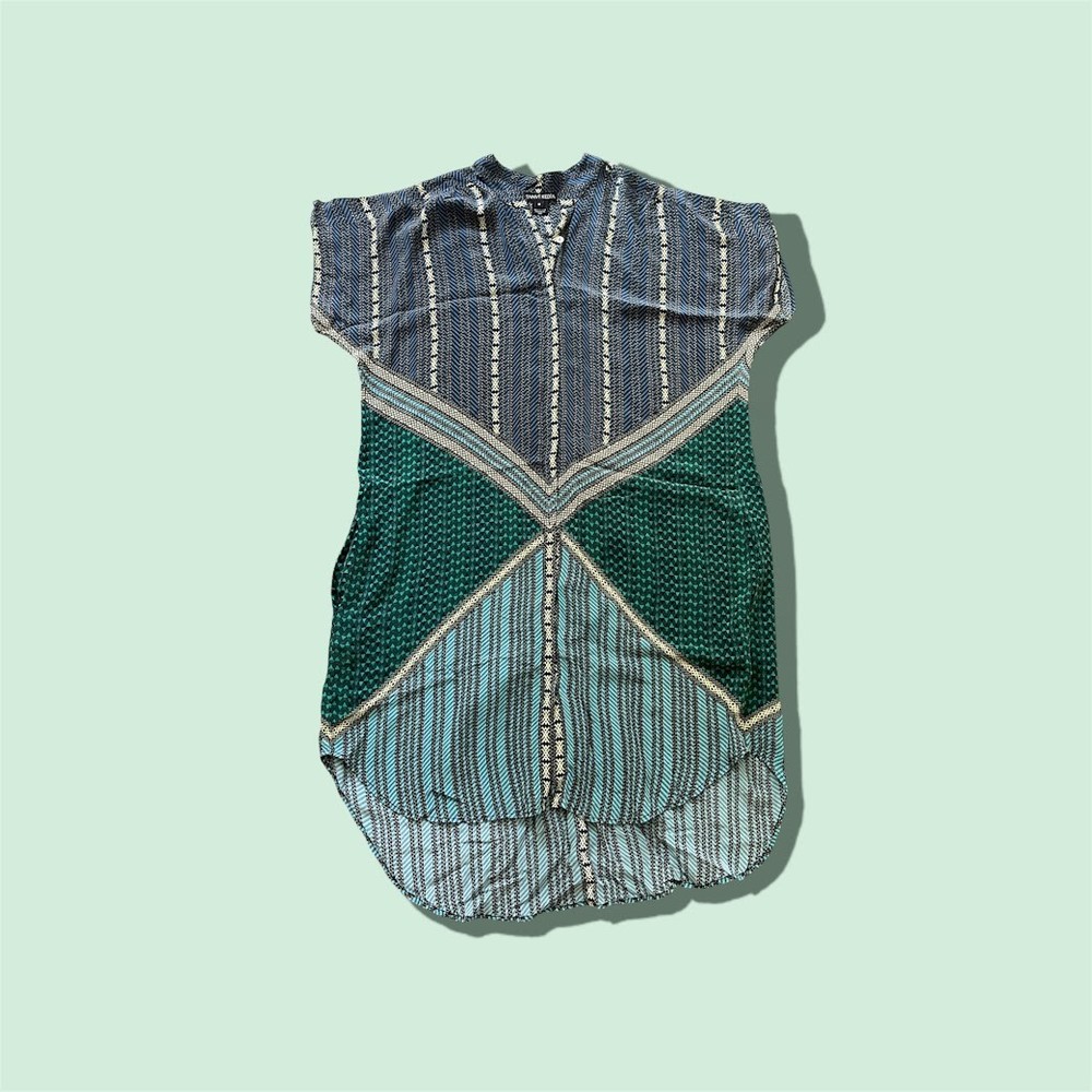 Tanvi Kedia x Anthropologie Silk Shirt Dress – M – Geometric Blue Green Pockets
