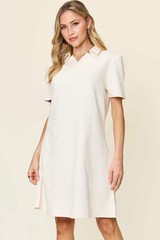 Double Take White Texture Collared Neck Short Sleeve Mini Dress