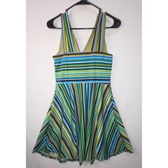 Madison Leigh Multi Color Striped V-Neck Fit and Flare Dress Green Blue Size 10