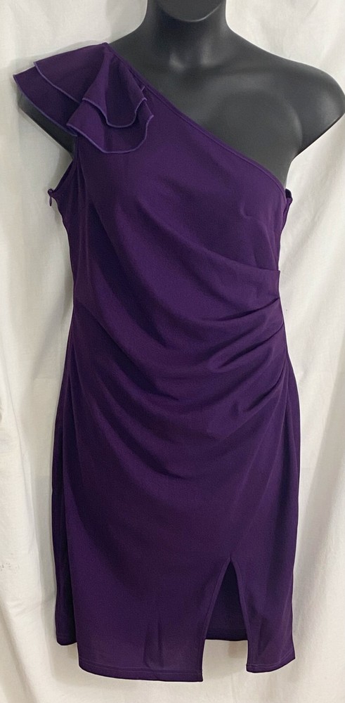 women&rsquo;s one shoulder dark purple dress size large slit ruffle sleeve side zipper