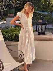 2026 New DOEN Embroidered V-neck short sleeved shirt with waist cinching dress
