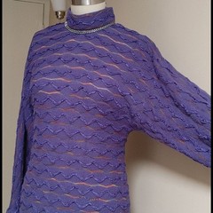 Vintage 80s Purple Long Shift Dolman Sleeves Dress with Texture