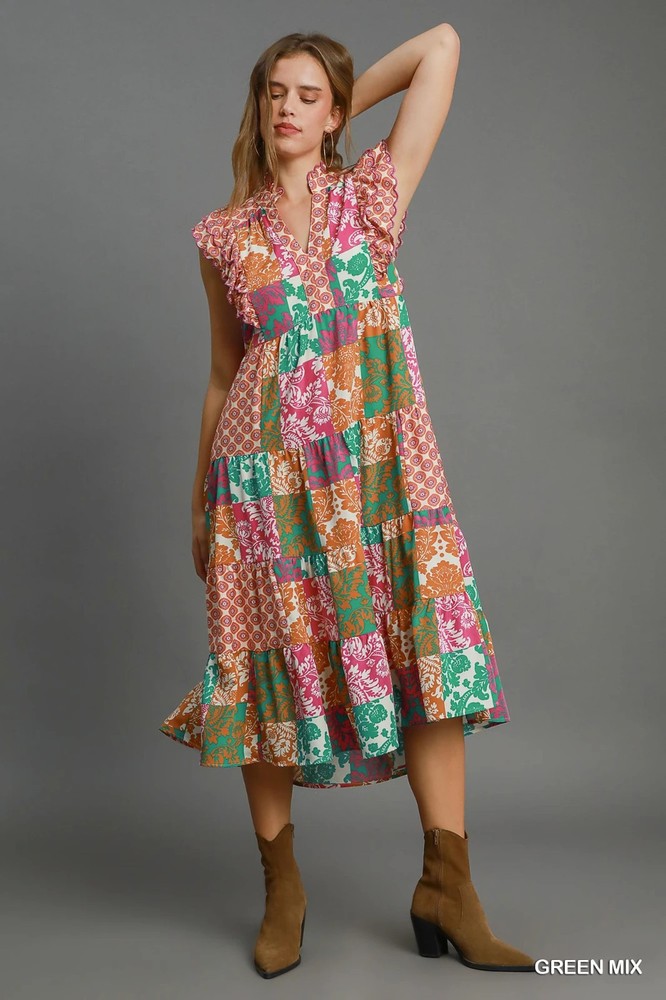 Umgee Orange/Green Scarf Print Midi Dress Flutter Sleeves w/Scalloped Edges