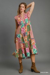 Umgee Orange/Green Scarf Print Midi Dress Flutter Sleeves w/Scalloped Edges