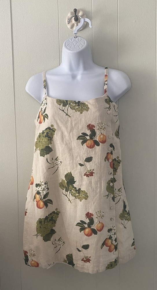 Abercrombie & Fitch Linen-Blend Button Skort Mini Dress Tan Fruit Print Sz Small