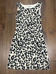 Loft Dress Small Cream Black Animal Print Knit Lined Pull-on Gathered Leopard