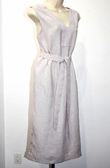 TAHARI 100%Linen Button-Side-Slits Pockets Belted Midi Dress in Light Grey sz XL