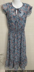 Gypsies & Moondust Flutter Sleeve Dusty Blue Floral Maxi Dress S, Ruffle Hem