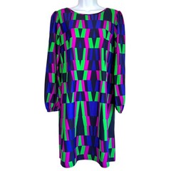 Jude Connally Geometric Mod Print Shift Dress Sz L Pink Green Blue Statement