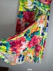 Chaps Bright Floral Faux Wrap-Style Midi Dress in Red, Green, Blue & Yellow M