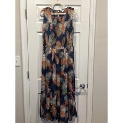 Terra & Sky Navy Tropical Palm Print Smocked Tiered Maxi Dress Sleeveless Womens