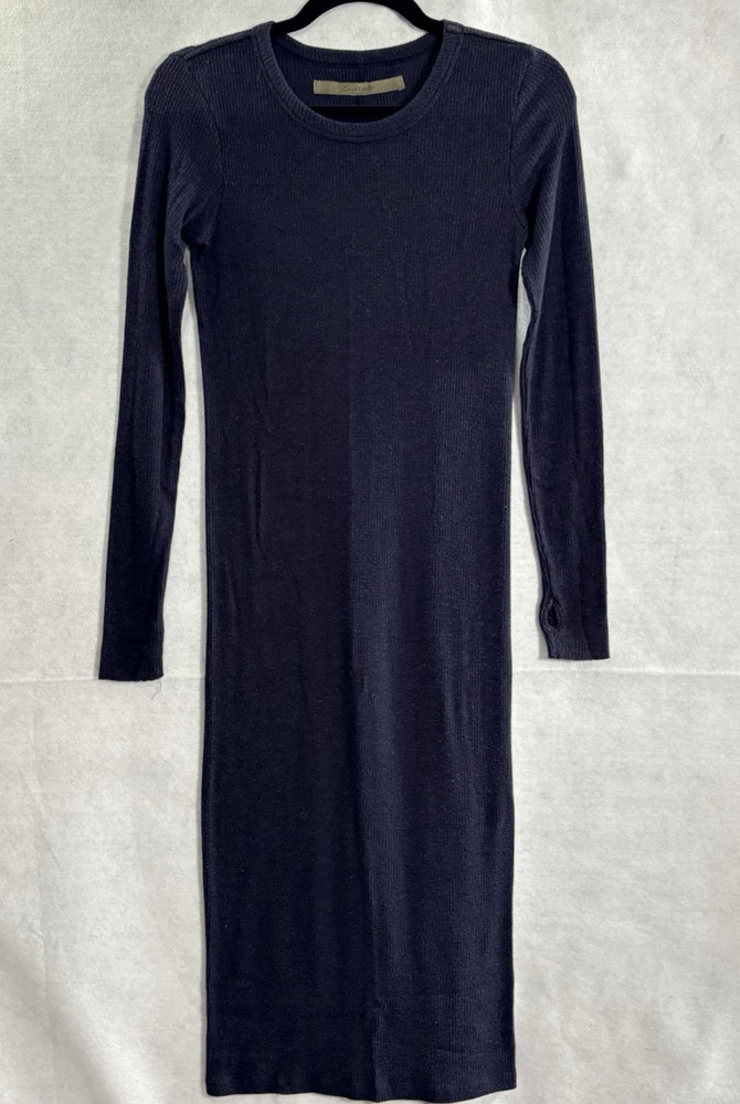 ENZA COSTA Women Ribbed Round Neck Long Sleeves Sweater Dress Sz S/M Blue Winter