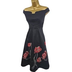 Karen MIllen 10 UK Black Cotton Floral Embroidered Beaded Bardot Fit Flare Dress